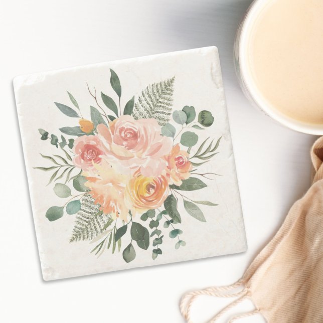 Pink Peach Flower Eucalyptus Leaves Floral Stone Coaster (In situ)