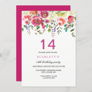 Pink Peach Flowers 14th Birthday Party Invitation