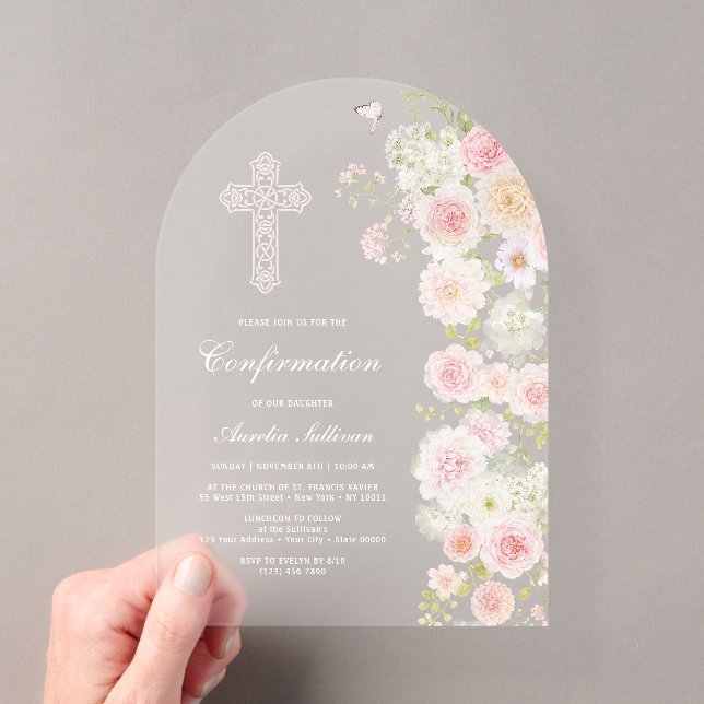 Pink Peach Flowers Arch Confirmation Acrylic Invitations (Insitu (Handheld))