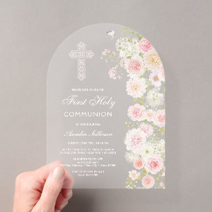 Pink Peach Flowers Arch First Communion Acrylic Invitations