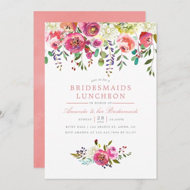 Pink Peach Flowers Bridesmaids Luncheon Invitation (Front/Back)