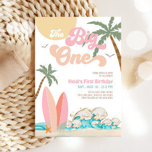 Pink Peach Girl The Big One Surfing 1st Birthday Invitation