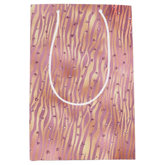Pink Peach Glitzy Glitter Sparkle Zebra Print Medium Gift Bag (Front)