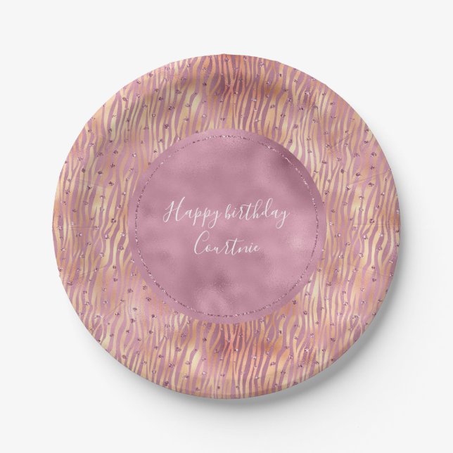 Pink Peach Glitzy Glitter Sparkle Zebra Print Paper Plate (Front)