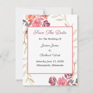 Pink Peach Gold Floral Wreath Custom Save The Date