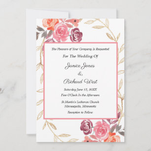 Pink Peach Gold Floral Wreath Wedding Invitation