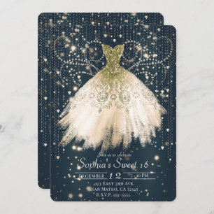 Pink Peach Gold Glitter Dress Dark Sweet 16 Party Invitation