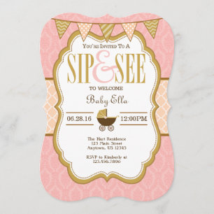 Pink Peach Gold Sip And See Invitation