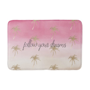 Pink Peach Gold Tropical Palm Trees Ombre  Bath Mat
