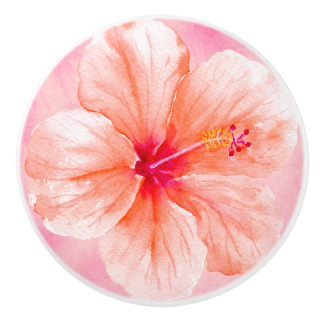 Pink Peach Hibiscus Flower Ceramic Knob (Front)