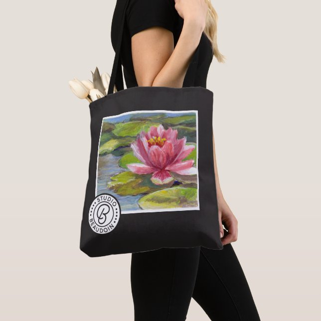 Pink-Peach Lily on Yellow-Green Pads Tote Bag (Close Up)