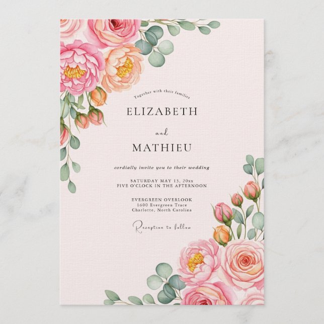 Pink & Peach Lush Botanical Wedding Invitation (Front)