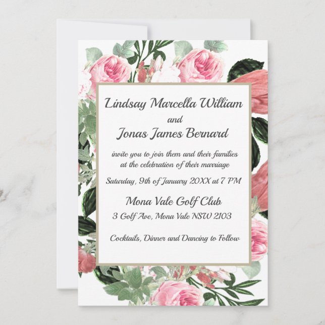Pink Peach Magnolia Floral Wedding Invitation (Front)