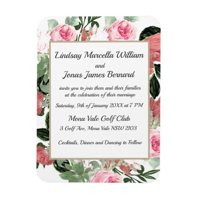 Pink Peach Magnolia Floral Wedding Magnetic Card Magnet (Vertical)