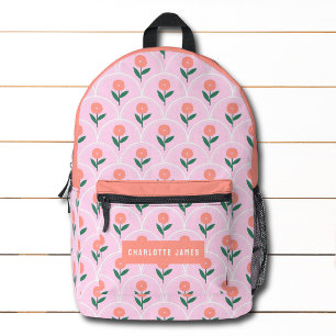 Pink Peach Modern Floral Personalised Name Printed Backpack