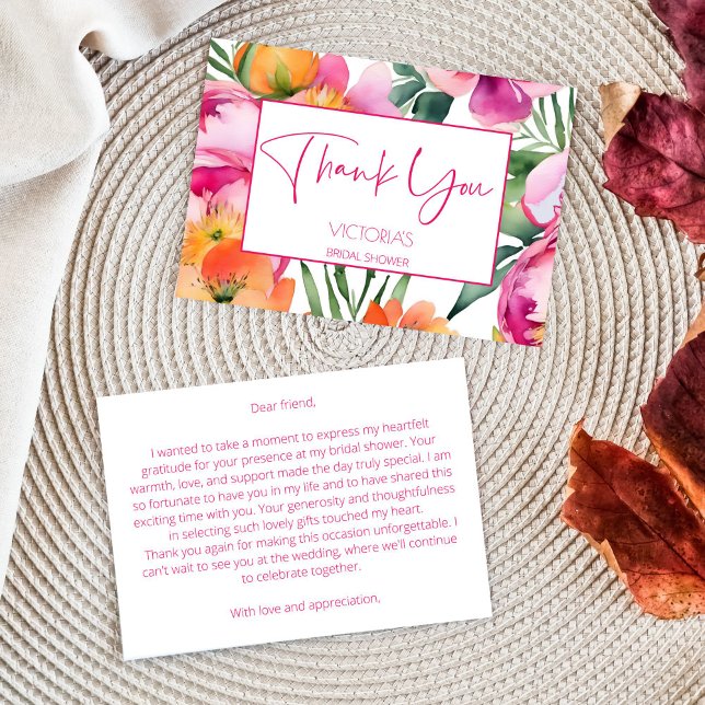 Pink peach orange peonies elegant bridal shower thank you card (Pink peach orange peonies elegant bridal shower thank you card bold colorful spring summer thank you)