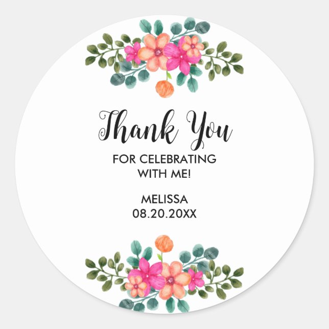 Pink Peach Orange Spring Flower Greenery Thank You Classic Round Sticker (Front)