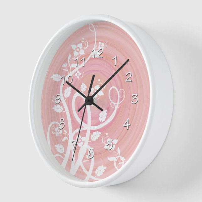 Pink & Peach Pastel Spirals, Filigree & Flowers Clock (Angle)
