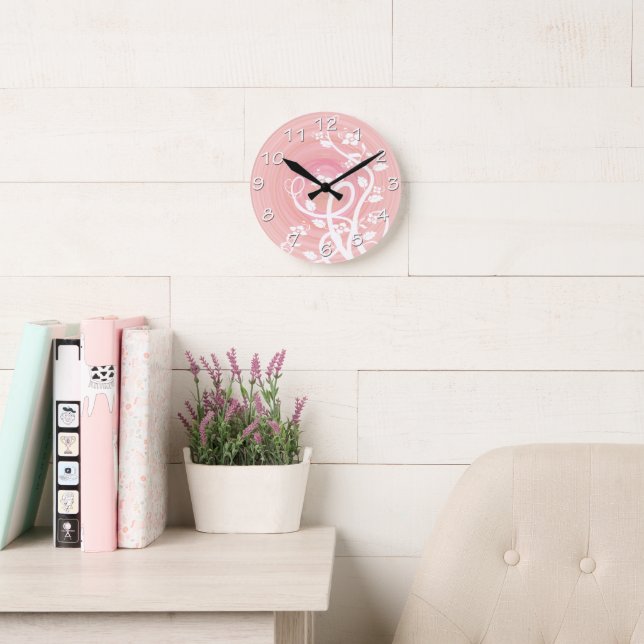 Pink & Peach Pastel Spirals, Filigree & Flowers Round Clock (Reading Room)