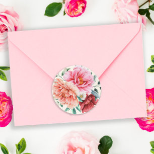 Pink Peach Peonies Burgundy Floral Leaves  Classic Round Sticker