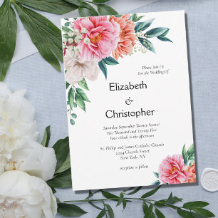 Pink Peach Peony Peonies Floral Eucalyptus Wedding Invitation