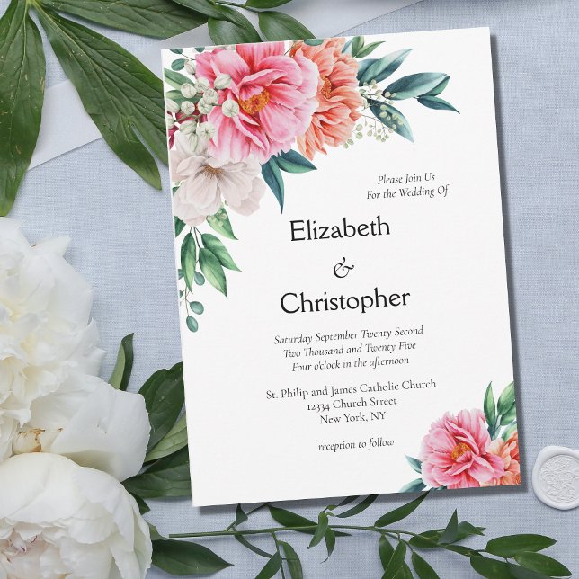 Pink Peach Peony Peonies Floral Eucalyptus Wedding Invitation (Creator Uploaded)