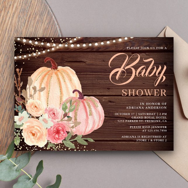 Pink Peach Pumpkin Floral Barn Wood Baby Shower Invitation (Creator Uploaded)