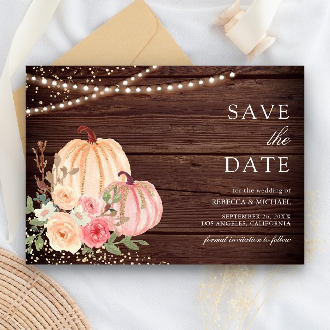 Pink Peach Pumpkin Floral Barn Wood Wedding Save The Date (Creator Uploaded)
