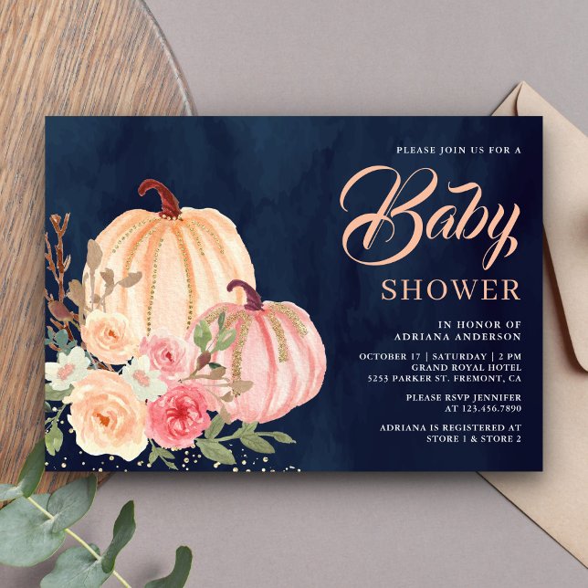 Pink Peach Pumpkin Floral Navy Blue Baby Shower Invitation (Creator Uploaded)