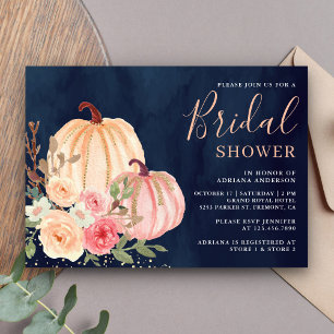 Pink Peach Pumpkin Floral Navy Blue Bridal Shower Invitation