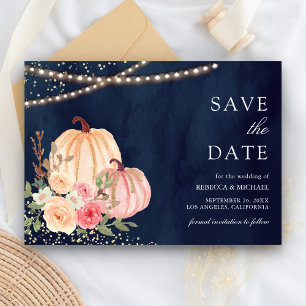 Pink Peach Pumpkin Floral Navy Blue Wedding Save The Date
