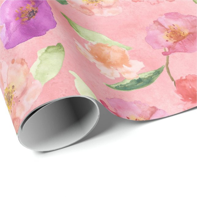 Pink Peach Purple Garden Floral Wrapping Paper (Roll Corner)