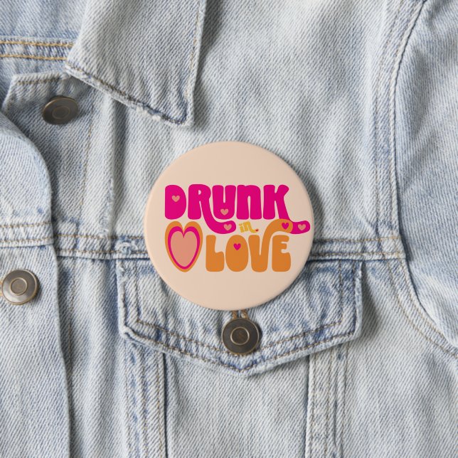 Pink Peach Retro Drunk in Love Bride-to-Be Button (In Situ)
