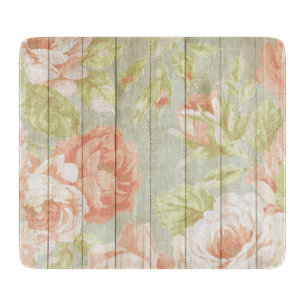 Pink Peach Roses Country Fence Glass Cutting Board