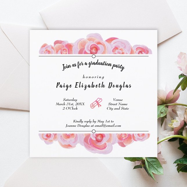 Pink Peach Roses Graduation Party Invitations (peach black botanical roses graduation party invitation pink diploma pink graduate grad flowers )