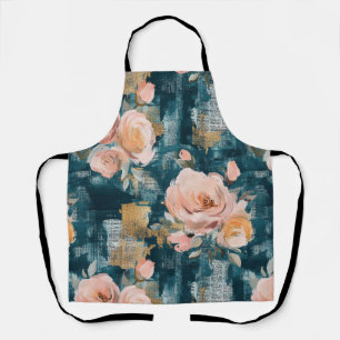 Pink Peach Roses Teal Maximalist Floral Apron