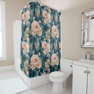 Pink Peach Roses Teal Maximalist Floral Shower Curtain