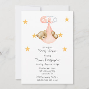 Pink Peach Teddy Bear Diaper Girl Baby Shower Invitation