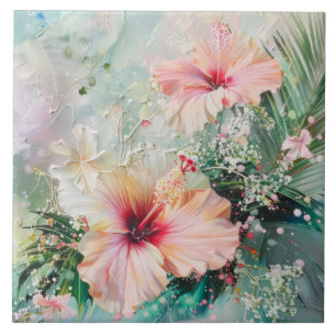 Pink Peach Tropical Hibiscus Floral Birthday Ceramic Tile