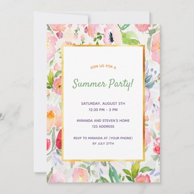 Pink peach watercolored florals summer party invitation (Front)