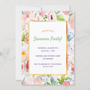Pink peach watercolored florals summer party invitation