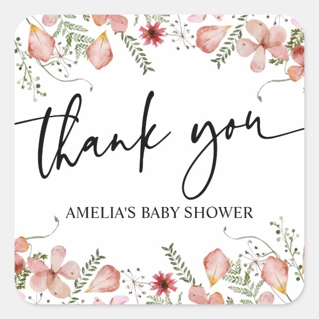Pink Peach Wildflowers Baby Shower Thank You Square Sticker (Front)