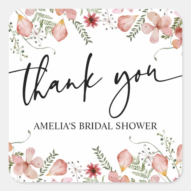 Pink Peach Wildflowers Bridal Shower Thank You Square Sticker (Front)