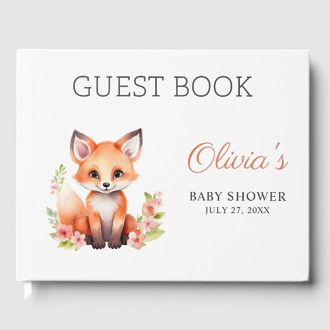 Pink Peach Woodland Fox Baby Shower Guest Book (Front)