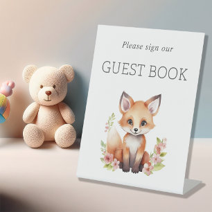 Pink Peach Woodland Fox Baby Shower Guest Book Pedestal Sign