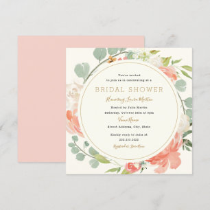 Pink Peach Wreath Floral Bridal Shower Invitation