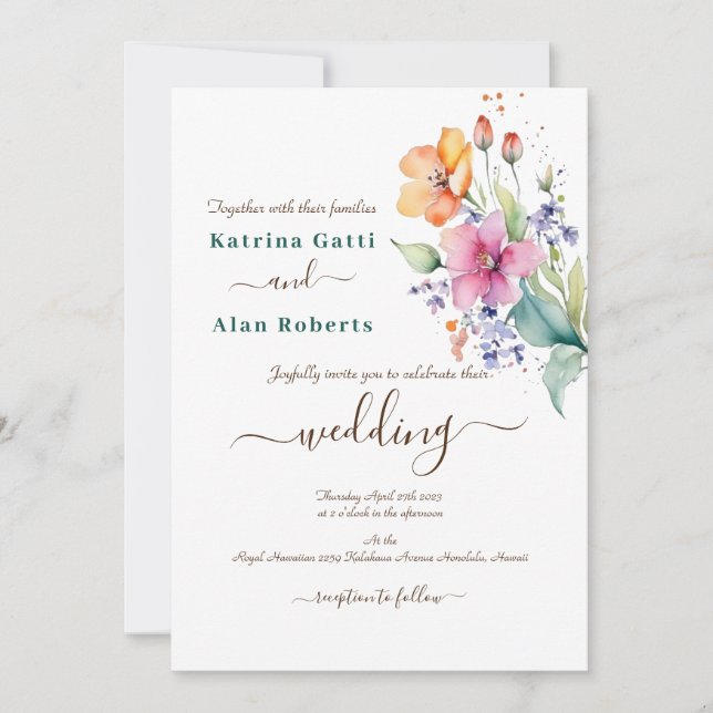 Pink Peach Yellow Blooms Wedding Invitation (Front)