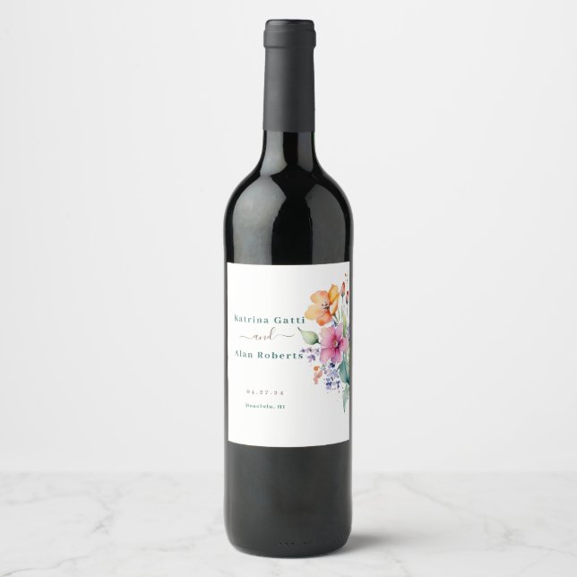 Pink Peach Yellow Blooms Wine Label (Front)