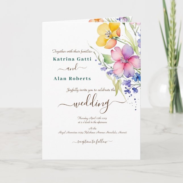 Pink Peach Yellow Blooms Yellow Folded Invitation (Front)