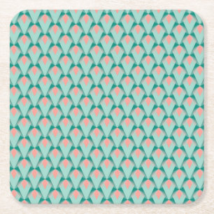 Pink Peach Yukka And Green Art Deco Pattern Square Paper Coaster